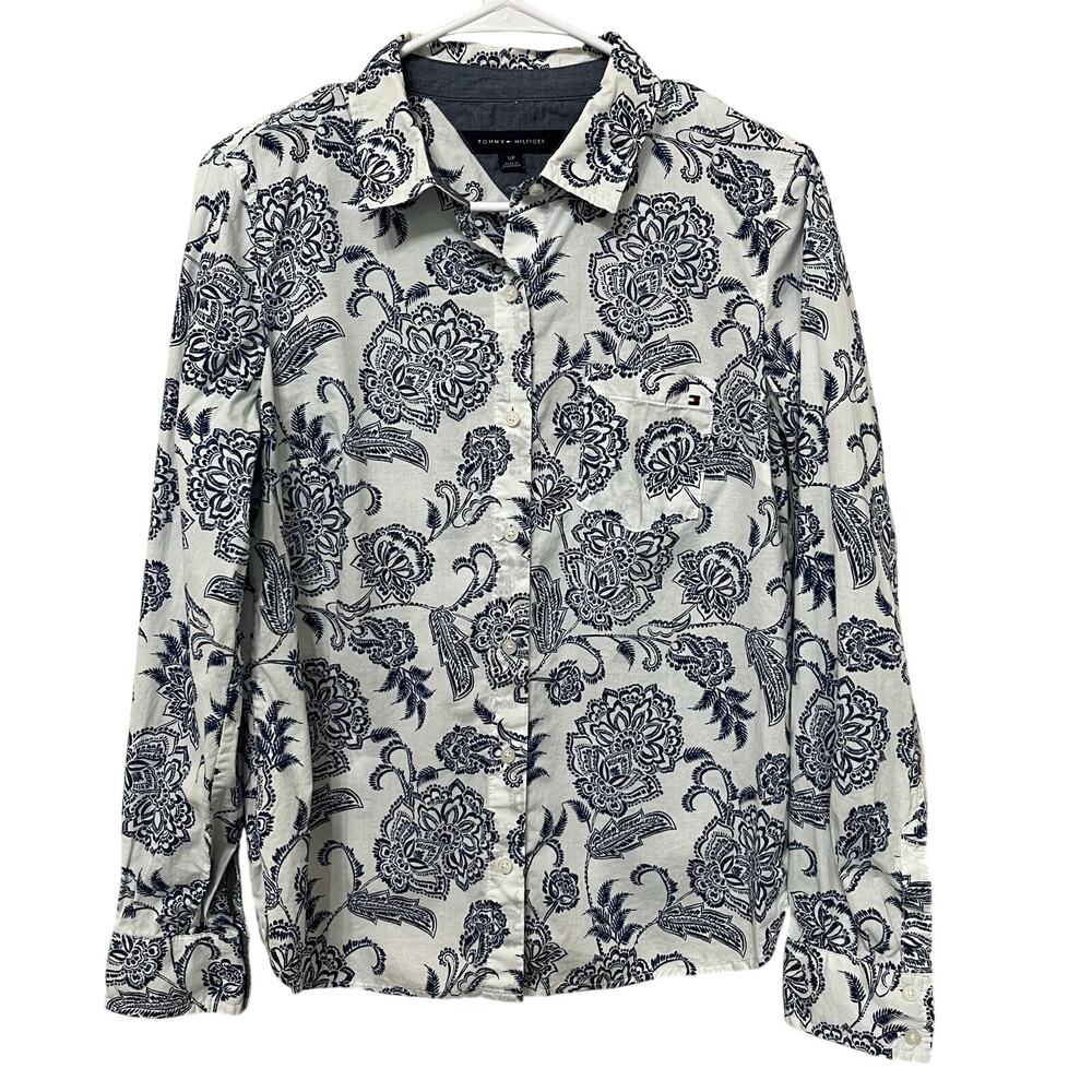 Tommy Hilfiger Women’s Button‎ Up Shirt Sz Small Blue/White Paisley cotton